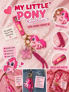 Kawaii Pink Pony Keychain Charm Set | Cute Glitter Wristlet Strap Bag Accessory
